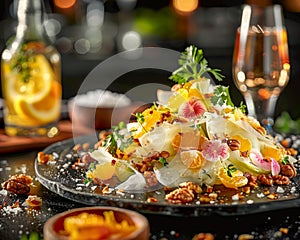 Exquisite Gourmet Salad with Cheese, Nuts, and Edible Flowers on Elegant Dark Plate with Drinks