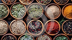 Exquisite gourmet spices and seasonings array in elegant wooden bowls on dark background