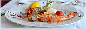 Exquisite grilled shrimp elegantly presented on a clean and spotless white plate photo