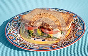 Exquisite ham sandwich with whole wheat bread  tomato  lettuce  avocado and cheese inside on a plate on a blue table