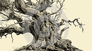 Exquisite hand-drawn sketch of a grand, ancient tree with intricate details, showcasing nature's timeless beauty and