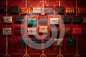 Exquisite handbags and clutches arranged in symmetrical pattern. Generative AI