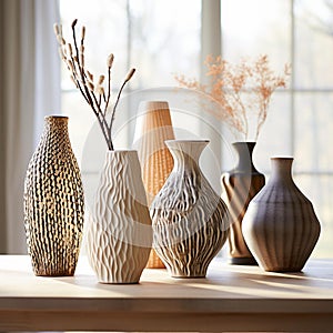 Exquisite Handcrafted Pottery Collection: Textured Patterns on White Wooden Table