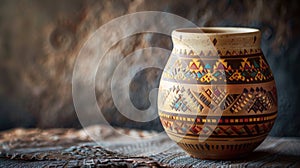 Exquisite Handcrafted Tribal Pattern Ceramic Pot on Rustic Background