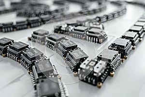 Exquisite highlighting black and white photograph of small integrated circuits arranged in an sshaped line on the left side,
