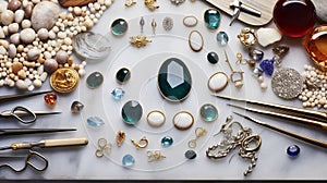 Exquisite Jewelers Workspace: Precise Gemstone Arrangement on White Marble