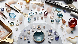 Exquisite Jewelers Workspace: Precise Gemstone Arrangement on White Marble