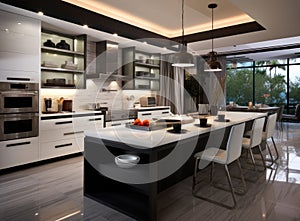 Exquisite kitchen space within a luxurious new home, adorned with pristine white cabinetry and wood detailing. Enhancing