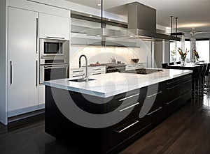 Exquisite kitchen space within a luxurious new home, adorned with pristine white cabinetry and wood detailing. Enhancing