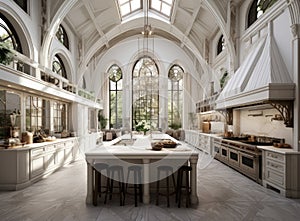 Exquisite kitchen space within a luxurious new home, adorned with pristine white cabinetry and wood detailing. Enhancing