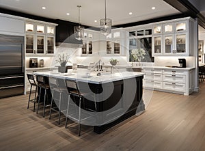 Exquisite kitchen space within a luxurious new home, adorned with pristine white cabinetry and wood detailing. Enhancing