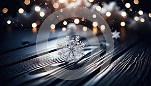 Exquisite Macro Snowflake on Wooden Surface with Sparkling Bokeh Background, AI Generated