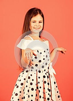 Exquisite manners concept. Vintage trend. Elegant retro kid. Small girl vintage fashion outfit. Glamorous style