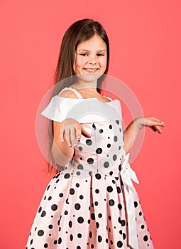 Exquisite manners concept. Vintage trend. Elegant retro kid. Small girl vintage fashion outfit. Glamorous style