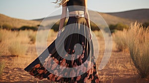 Exquisite Maxi Skirt: Beautiful Girl In Black Blouse Near Desert With Floral Skirt