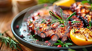 Exquisite mediterranean cuisine grilled octopus elegantly presented on a sleek black plate