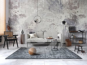 Exquisite and modern composition of living room interior with design grey sofa, chair, round pedant lamp, black coffee table,