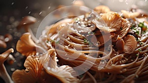 Exquisite Mushroom Pasta Dish Close-Up with Sprinkling Water Droplets