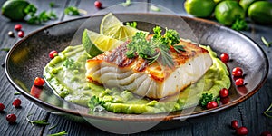 Exquisite Nordic Skrei Cod Fillet with Creamy Potato Lime Relish A Culinary Masterpiece photo