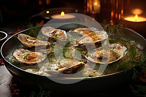 Exquisite oysters in creamy white sauce with fresh herbs for an elegant candlelit dinner setting