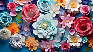 Exquisite Paper Botanicals Display, Artful Arrangement Of Colorful Blossoms. Generative AI