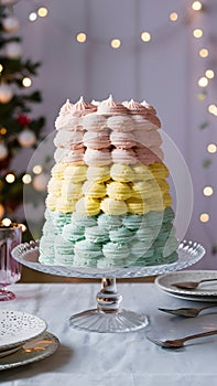 Exquisite pastel layered cake on glass stand in softly lit setting photo