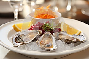 Exquisite presentation fresh oysters with lemon on plate, highlighting gourmet seafood dining