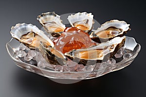 Exquisite presentation of fresh oysters in rich gelatinous sauce, gourmet seafood delicacy