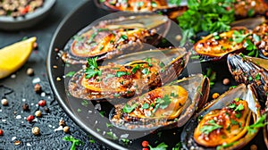 Exquisite presentation of grilled mediterranean mussels on sophisticated black plate