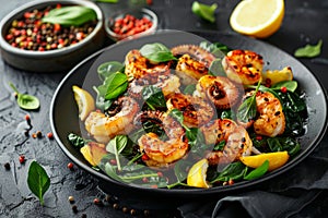 Exquisite presentation of grilled mediterranean octopus on sophisticated black platter