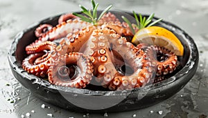 Exquisite presentation of mediterranean grilled octopus on sophisticated black serving plate