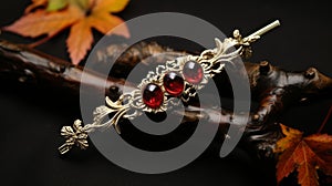 Exquisite Red Crystal Hair Clip With Brass Leaves Classical Goblincore Style