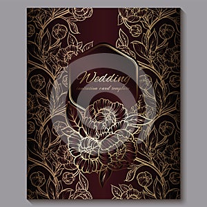 Exquisite red royal luxury wedding invitation, gold floral background with frame and place for text, lacy foliage made of roses or
