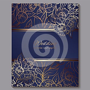 Exquisite royal luxury wedding invitation, gold on blue background with frame and place for text, lacy foliage made of roses or