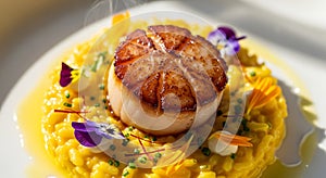 Seared Scallop with Saffron Risotto -.