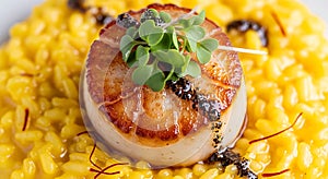 Seared Scallop with Saffron Risotto -.