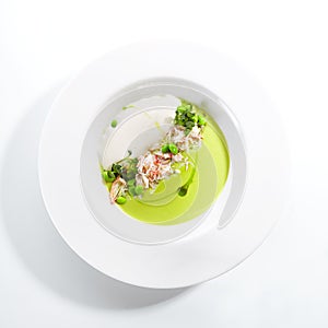 Green Pea Soup with Crab and Coconut Espuma photo