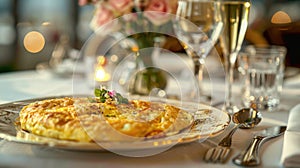 Exquisite serving of omelette for breakfast in a luxury restaurant. The table for two is elegantly set with crystal