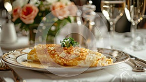 Exquisite serving of omelette for breakfast in a luxury restaurant. The table for two is elegantly set with crystal
