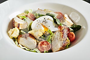 Exquisite Serving White Restaurant Plate of Homemade Chicken and Anchovies Caesar or Cesar Salad