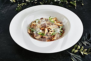 Exquisite Serving White Restaurant Plate of Homemade Italian Penne Pasta with Beef Cheeks Sauce