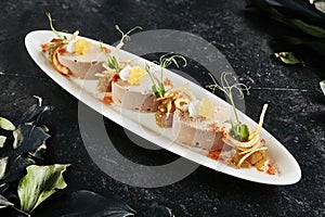 Exquisite Serving White Restaurant Plate with Mousse of Cod Liver, Onion and Crispy Chips