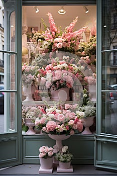 Exquisite showcase of stunning and vibrant floral arrangements in a luxurious flower shop display.