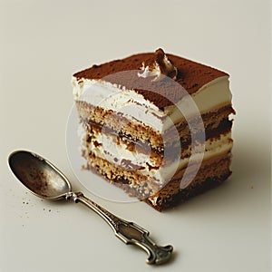 Exquisite slice of tiramisu cake dusted with cocoa beside a spoon, captured against a clean bright background
