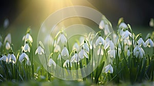 Exquisite snowdrop flower delicately bathed in the radiant rays of the rejuvenating spring sun