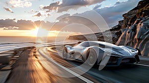 An exquisite sports car speeds along a coastal highway the sun sparkling on its polished exterior photo