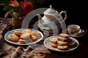 Exquisite Stilllife flower tea cookies. Generate Ai photo