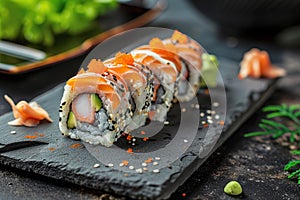 Exquisite Sushi Roll with Salmon and Roe Presentation