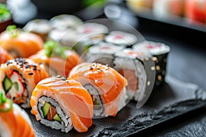 Exquisite Sushi Roll with Salmon and Roe Presentation