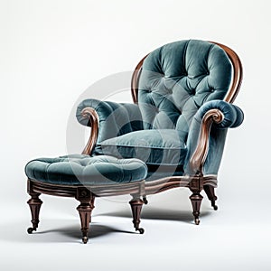 Exquisite Teal Armchair With Upholstered Ottoman - Francis Coates Jones Style